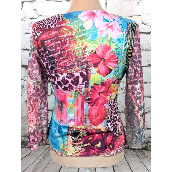 Reversible Y2K 90s Phoebe Buffay Stretch Mesh Floral Animal Print Top Small - Picture 4 of 7